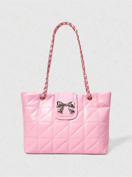 ROMWE Handbags - ROMWE Pink Quilted Tote with Bow Detail